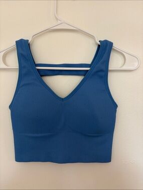 90 Degree By Reflex Ribbed V-Neck Crop Sports Bra in Blue
